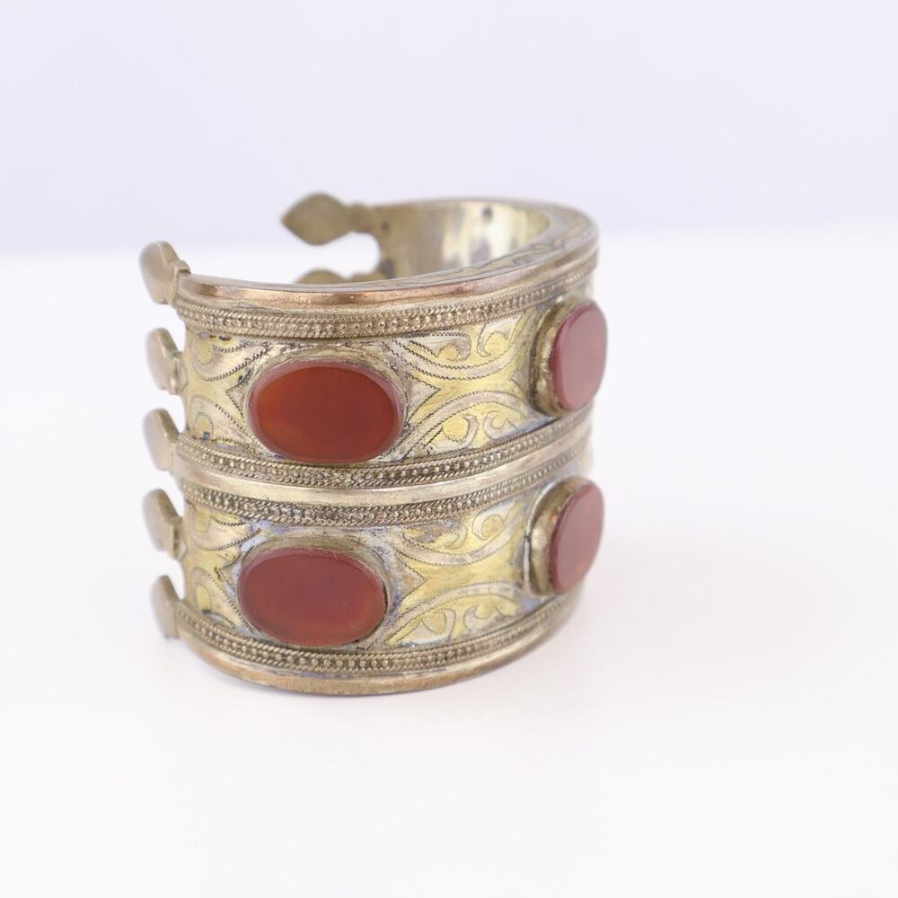 Antique Turkmen Silver Cuff Bracelet Carnelian Tekke Tribal Gilt‎ Bilezik Bangle